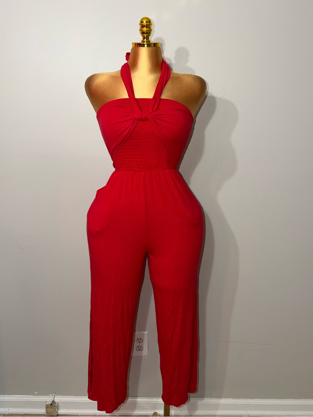 VENUS Red Halter Knot-Front Jumpsuit